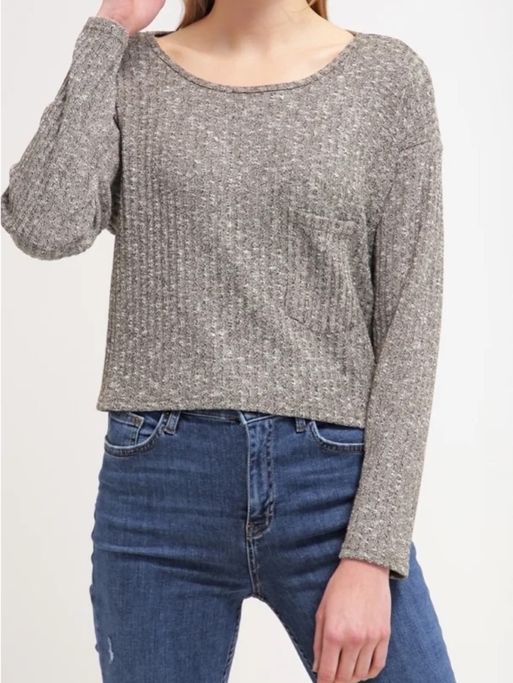 wild fable Heather Gray Waffle-Knit Cropped Long Sleeve Top